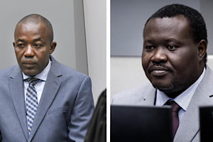 Alfred Yékatom (à gauche) et Patrice-Edouard Ngaïssona (à droite), photographiés les 23 novembre 2018 et 25 janvier 2019, respectivement, lors de leur comparution devant la Cour pénale internationale (CPI) à La Haye, aux Pays-Bas.  