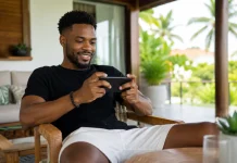 Plinko, Mines et Crash ont divisé le casino instantané Jeune homme jouant sur son smartphone depuis une terrasse tropicalePlinko, Mines et Crash trois formats instantanés en 2026
